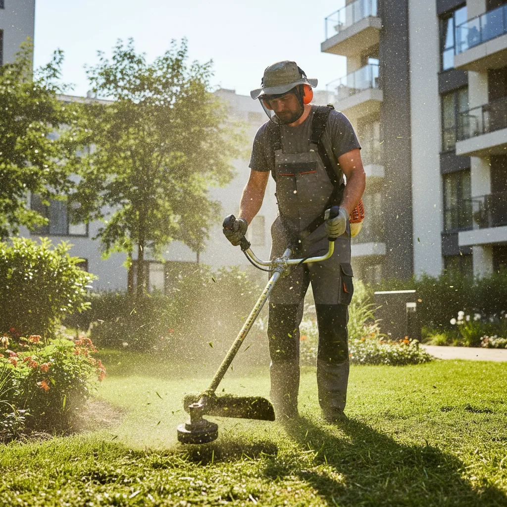Site çevresinde profesyonel ot biçme çalışması