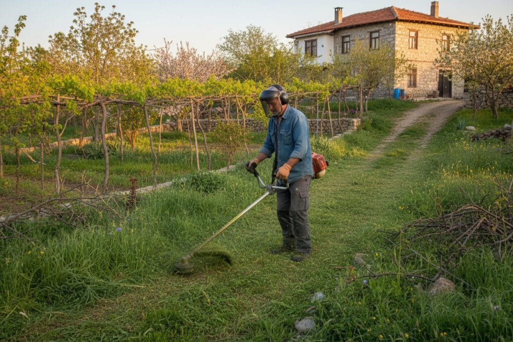 Bahçede yabani ot temizleme çalışması