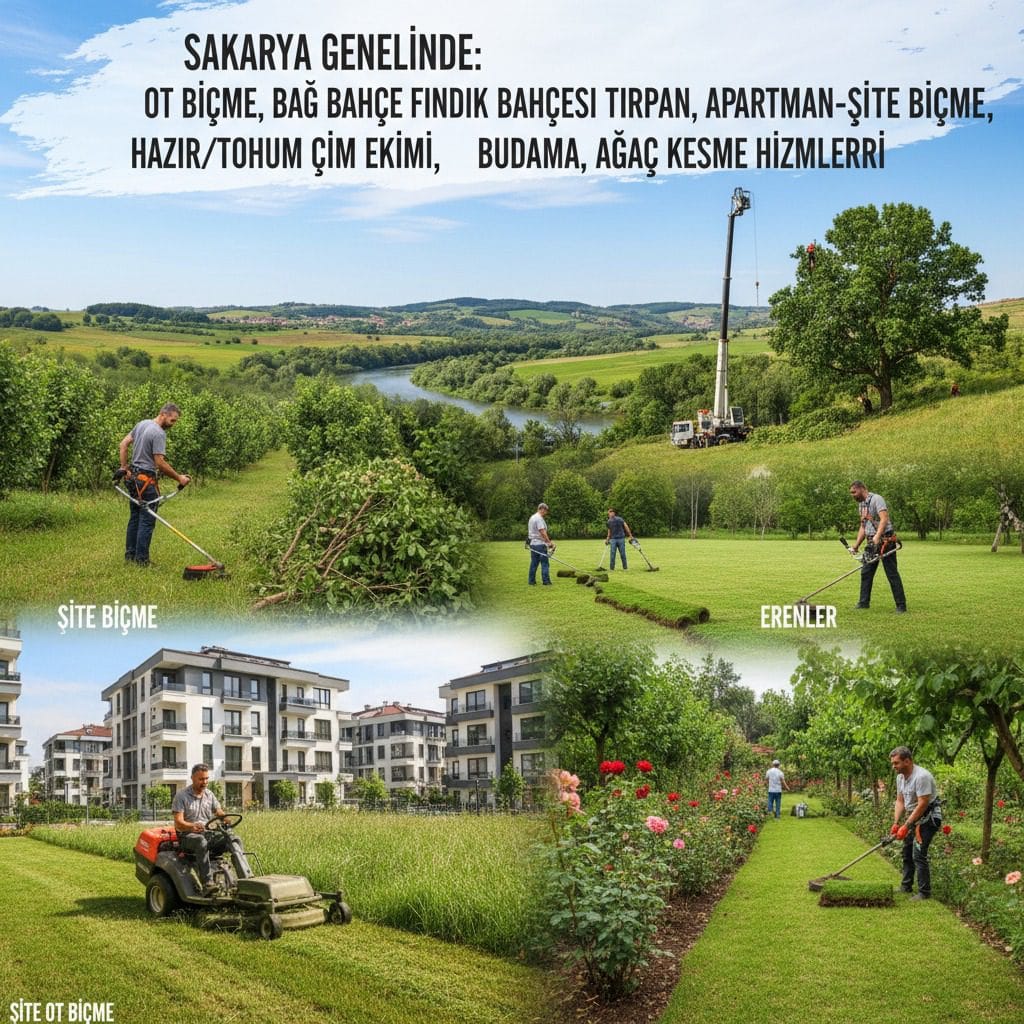 Sakarya genelinde ot biçme, bahçe bakımı, çim ekimi ve ağaç kesimi hizmetleri veren çalışanların yer aldığı kolaj görseli.