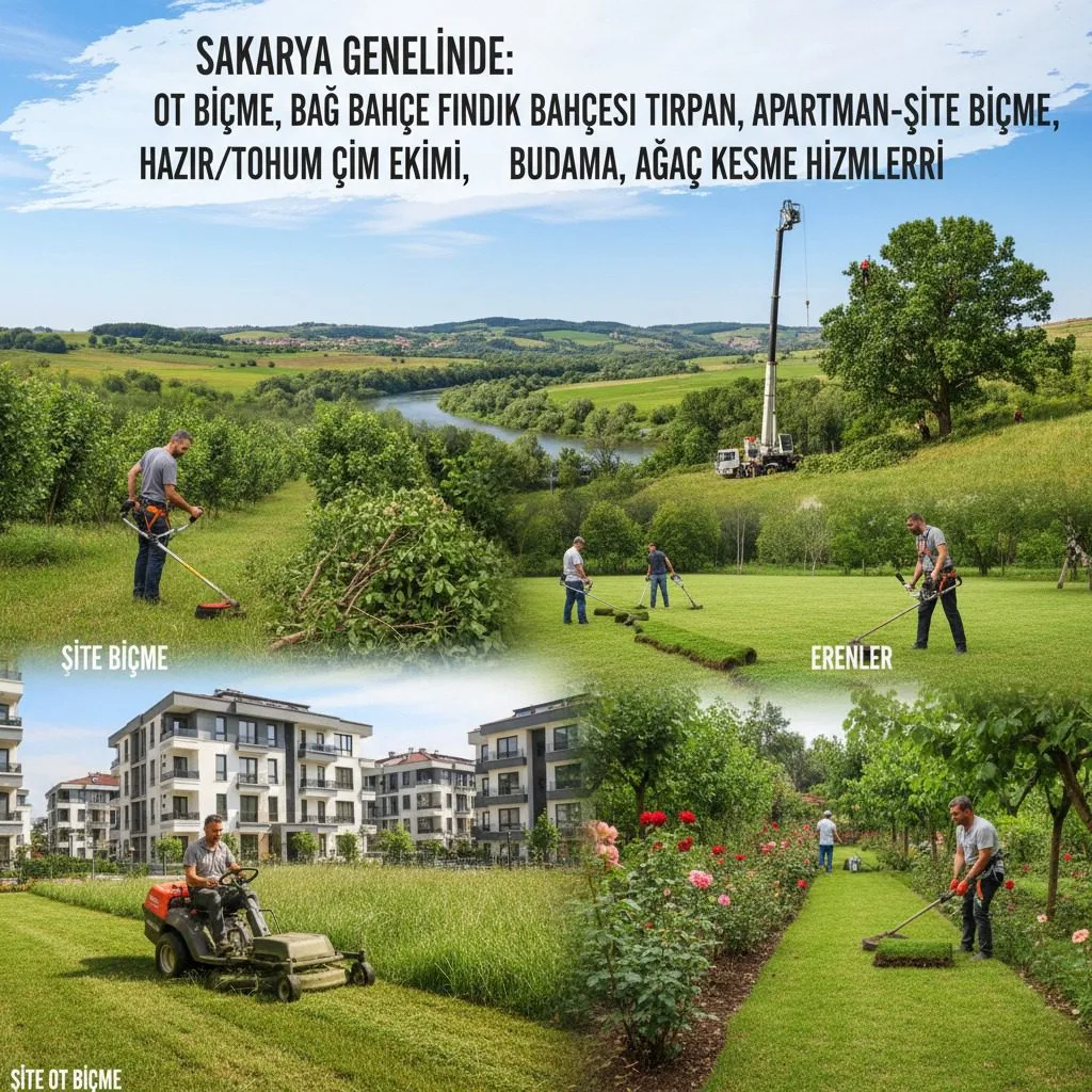 Sakarya genelinde ot biçme, bahçe bakımı, çim ekimi ve ağaç kesimi hizmetleri veren çalışanların yer aldığı kolaj görseli.